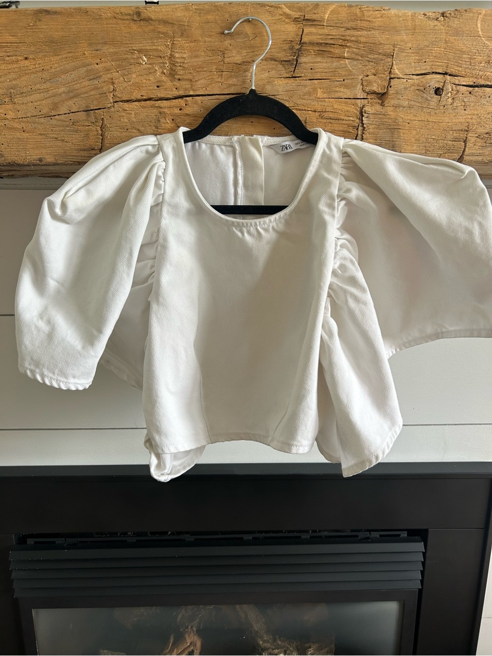 Zara White Denim Puff-Sleeve Scoop Neck Blouse